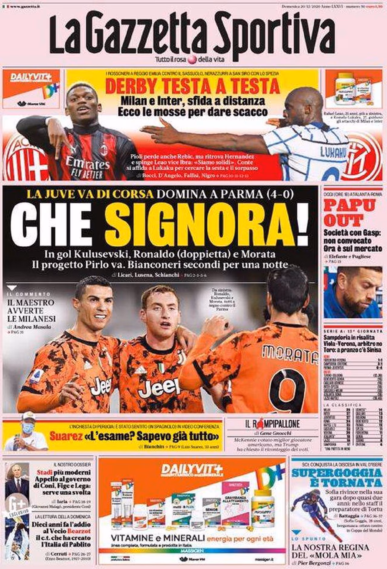 Prima pagina Gazzetta 20-12-2020