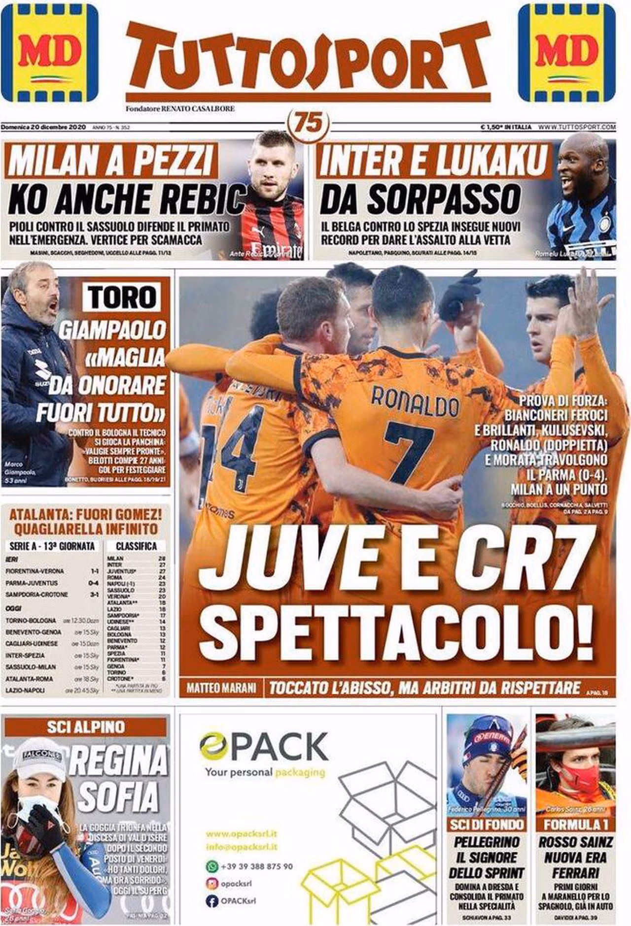 Prima pagina TuttoSport 20-12-2020