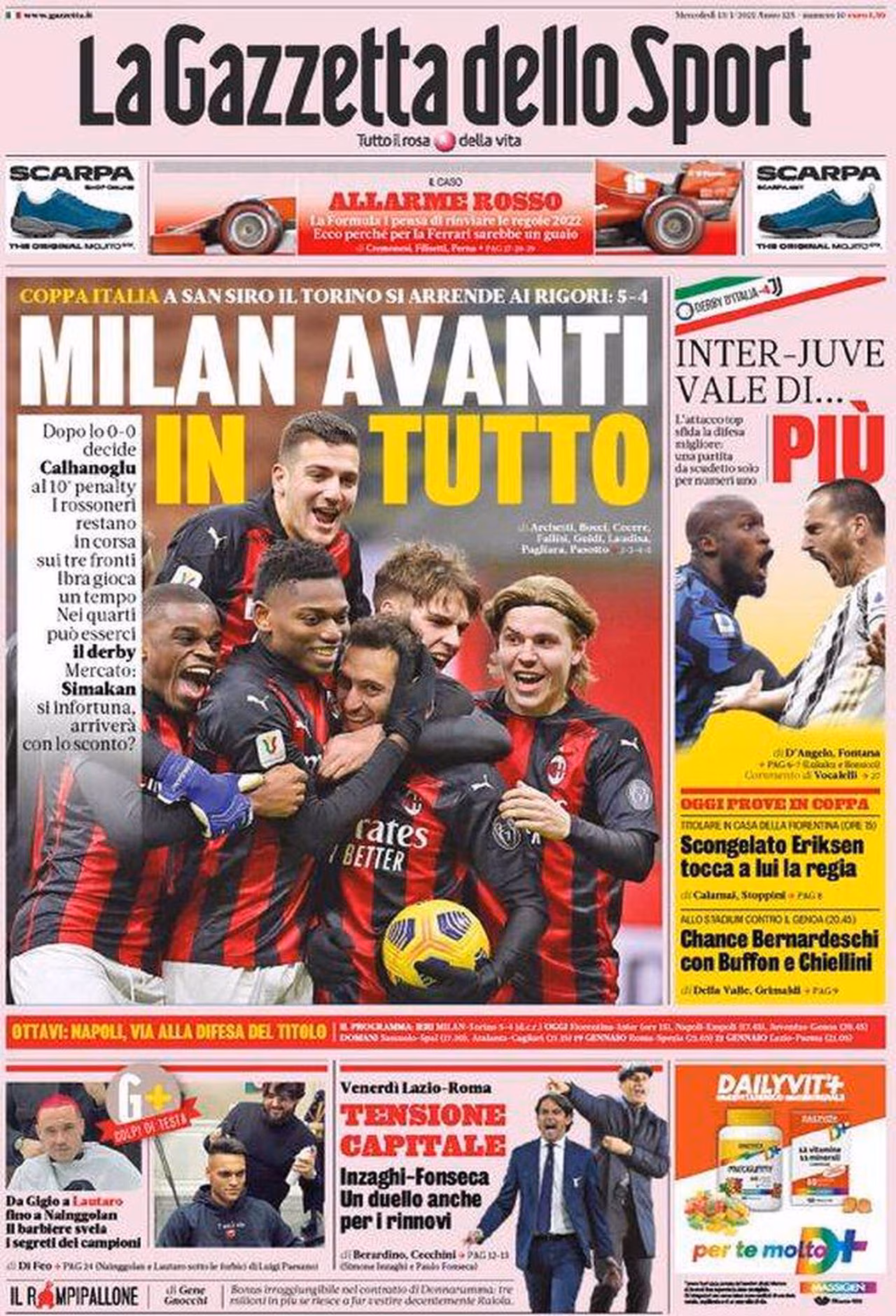 Prima pagina Gazzetta 13-01-2021