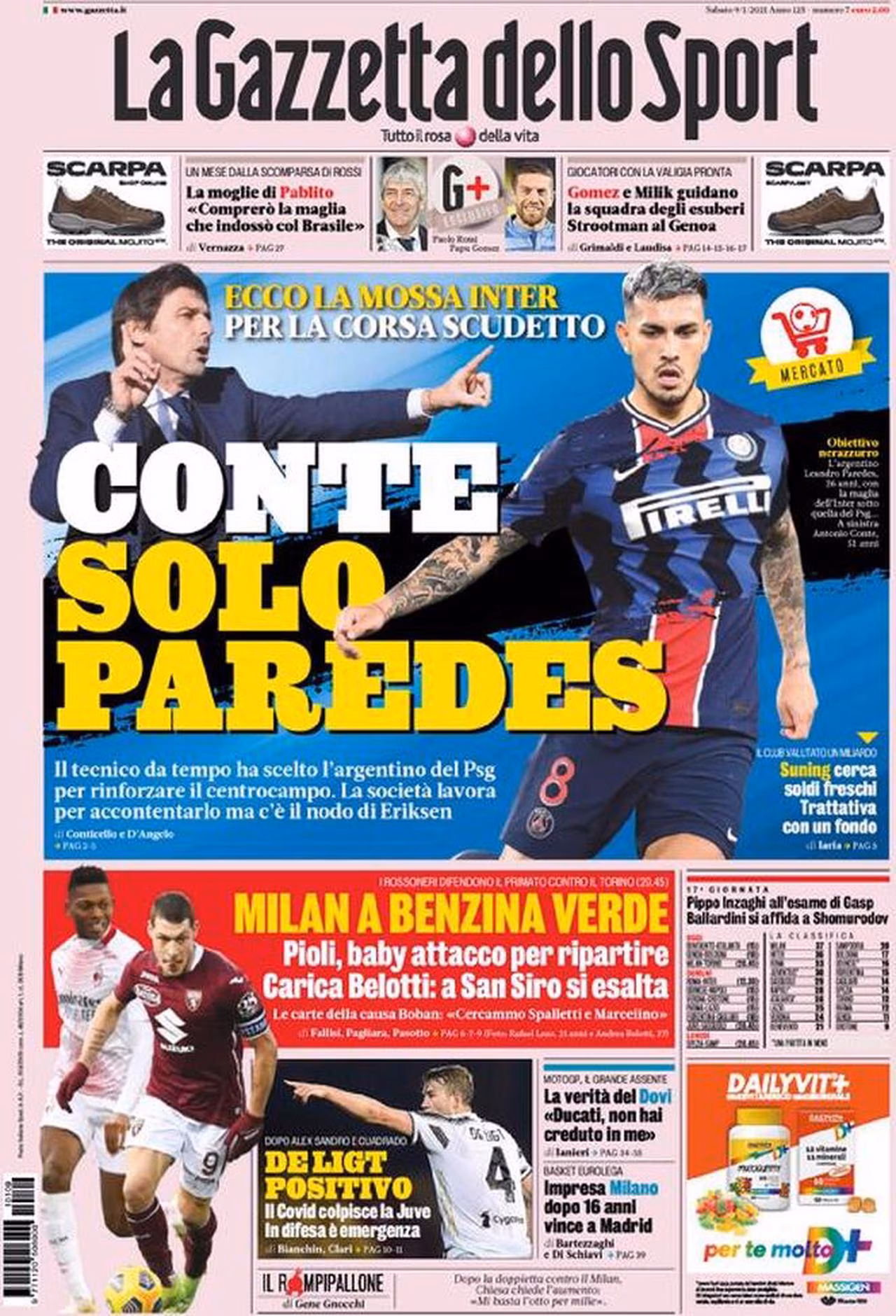Prima pagina Gazzetta 09-01-2021