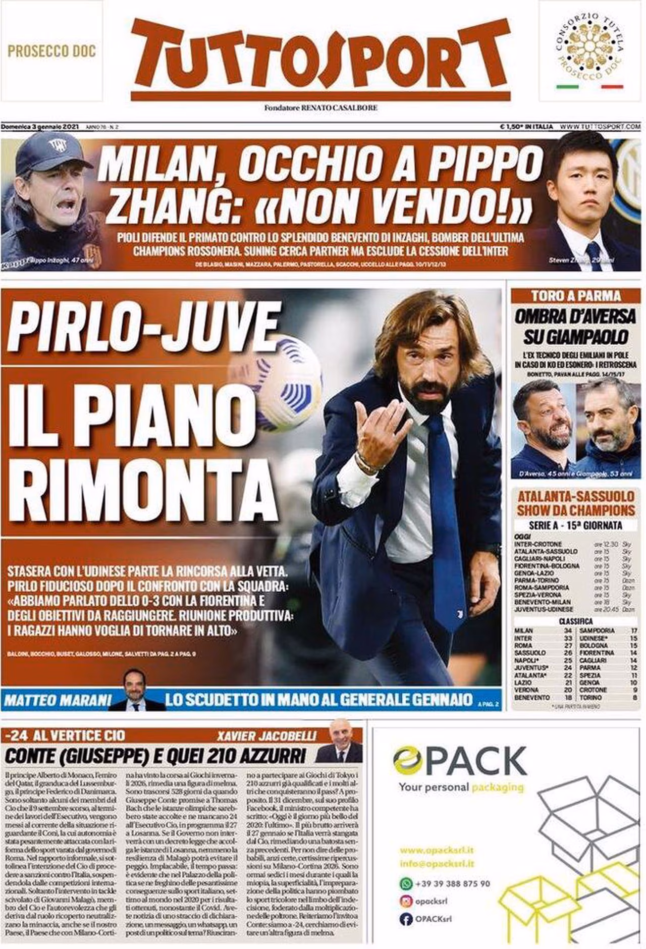 Prima pagina TuttoSport 03-01-2021