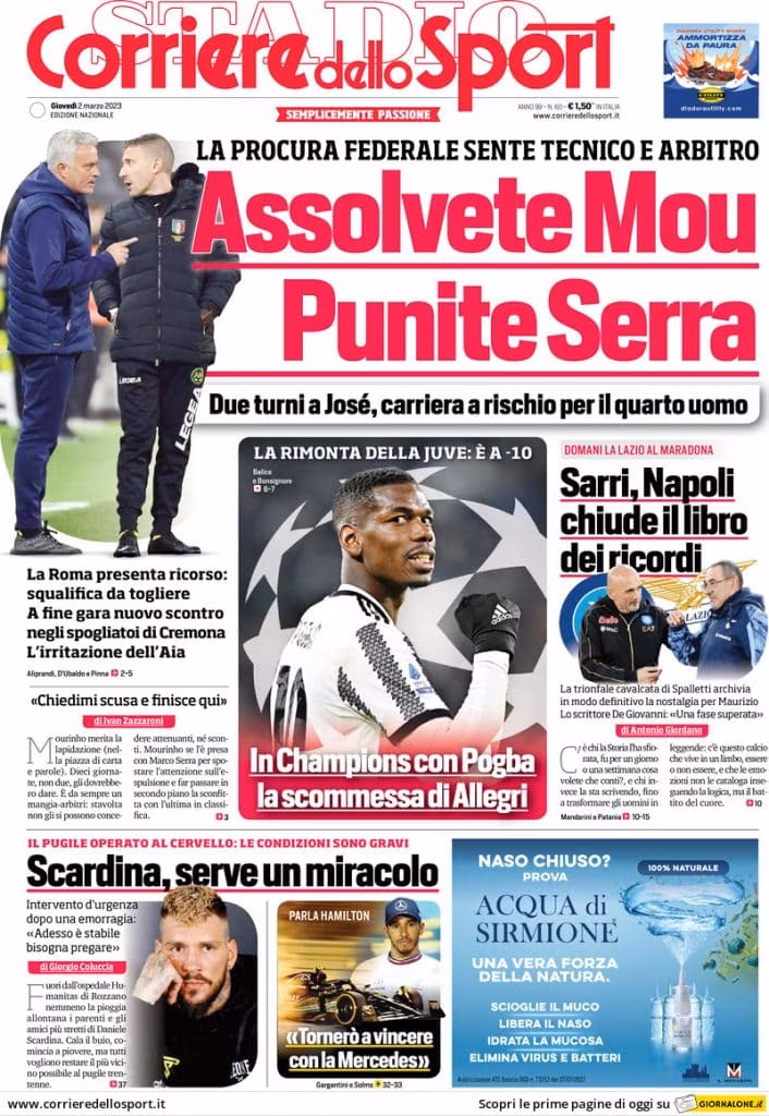 Corriere dello Sport prima pagina 2-3-23