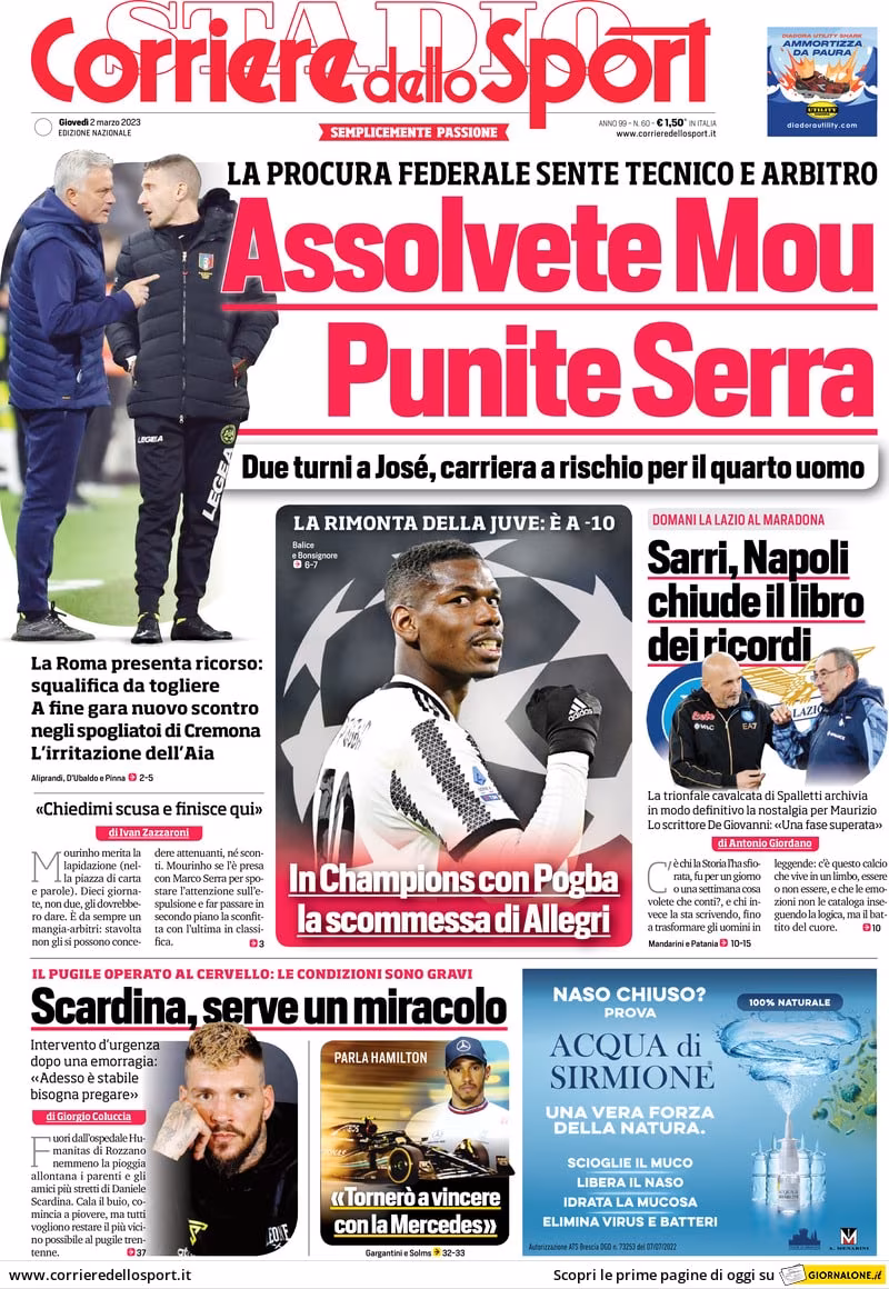 Corriere dello Sport prima pagina 2-3-23