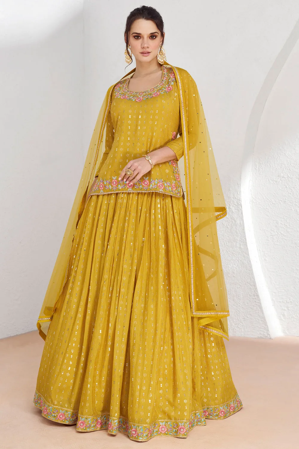 slim fit dress slacks Yellow Banarasi Georgette Dress with Net Dupatta