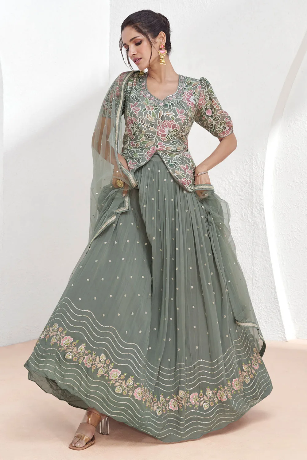 Georgette Indo Western Dress With Dupatta Grey Real Georgette Indo-Western  Dress With Pink Accents Net