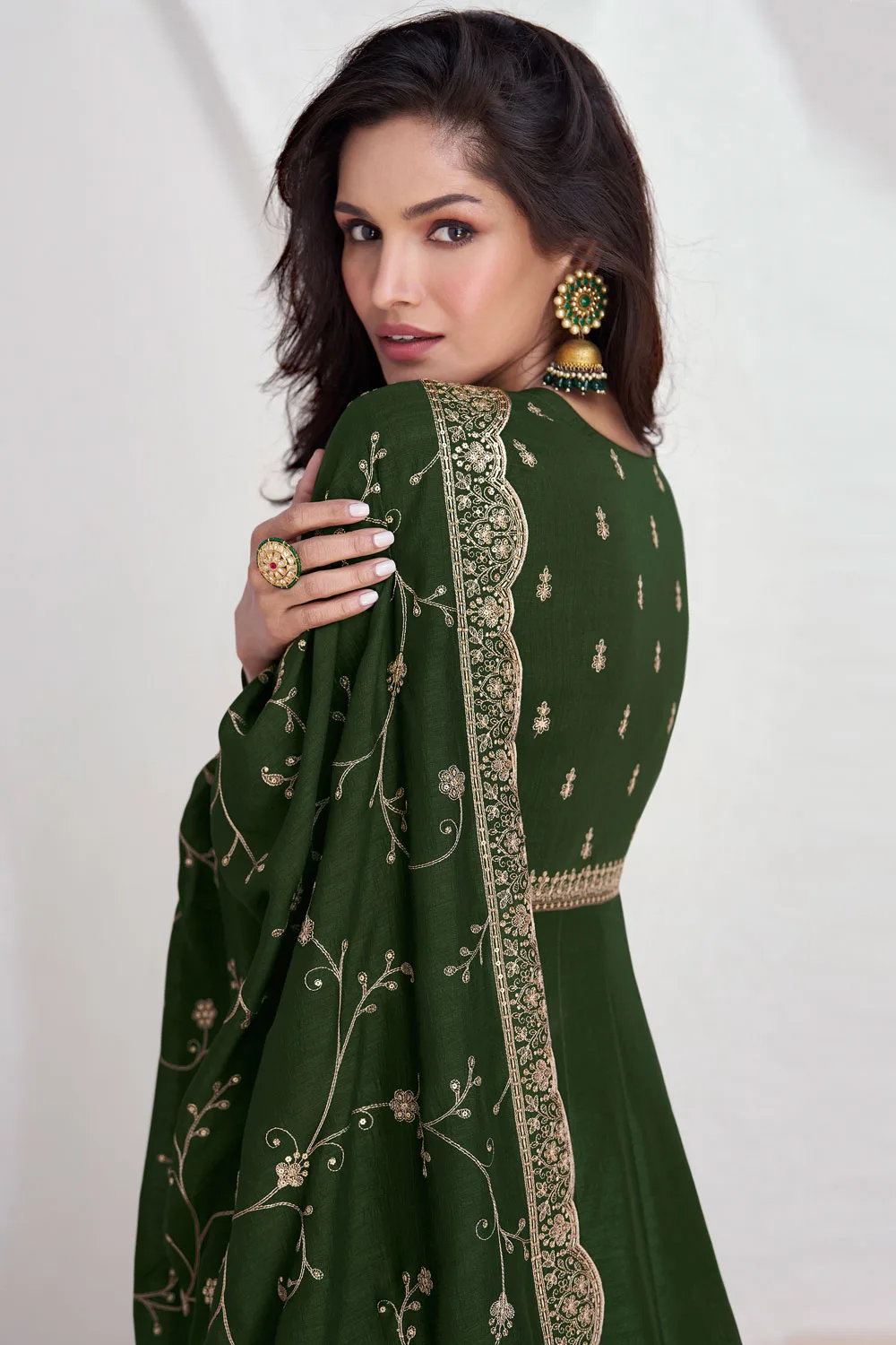 green dress matching dupatta Dark Green Fancy Sequence Georgette Lehenga Set With Soft Net Dupatta ENGG-1060A main image 1