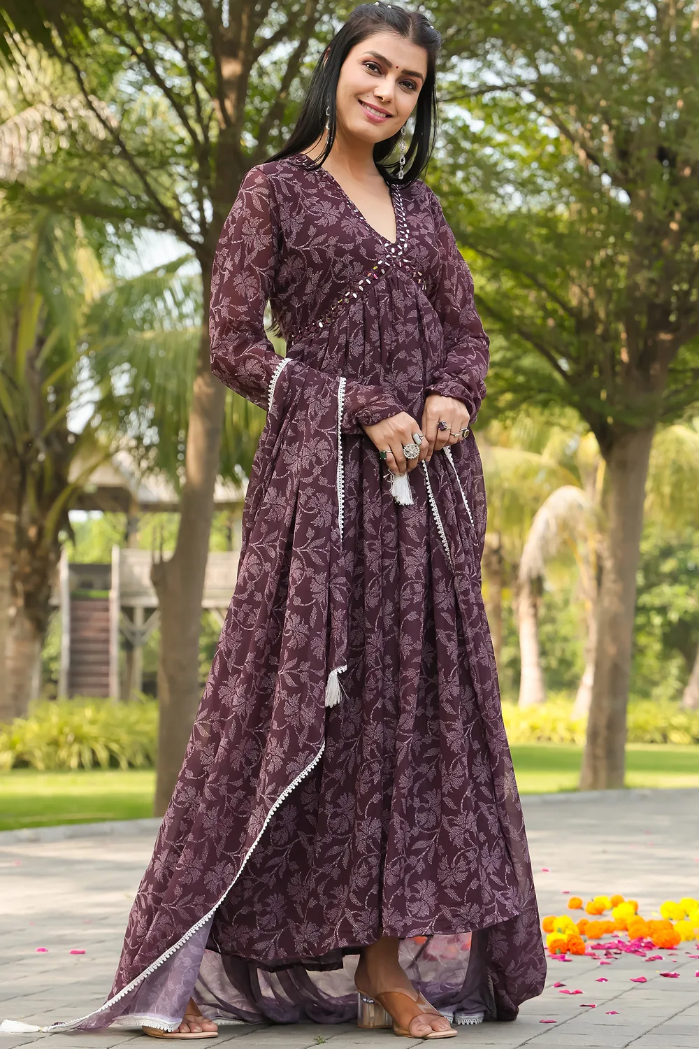 Exquisite Wine Alia Cut Georgette Long Gown with Dupatta - Khaish