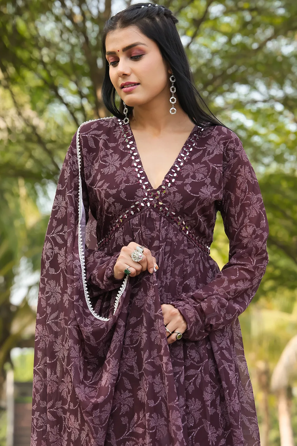 Exquisite Wine Alia Cut Georgette Long Gown with Dupatta - Khaish
