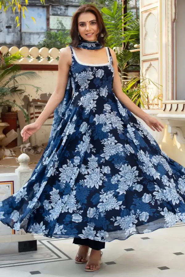 Blue Anarkali Dress Front View - Bandhni Print Detail
