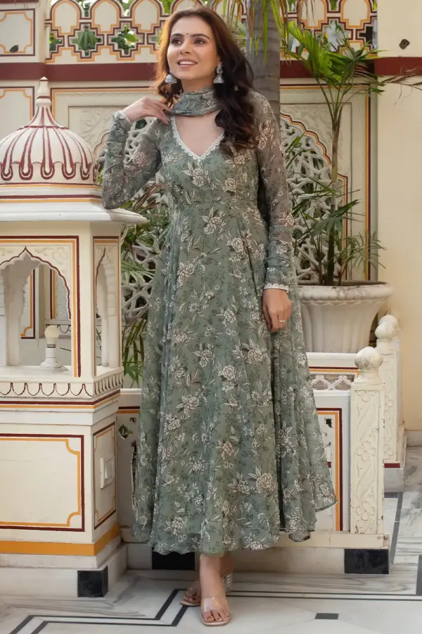 Dusty Green Anarkali Dress Front View - Bandhni Design