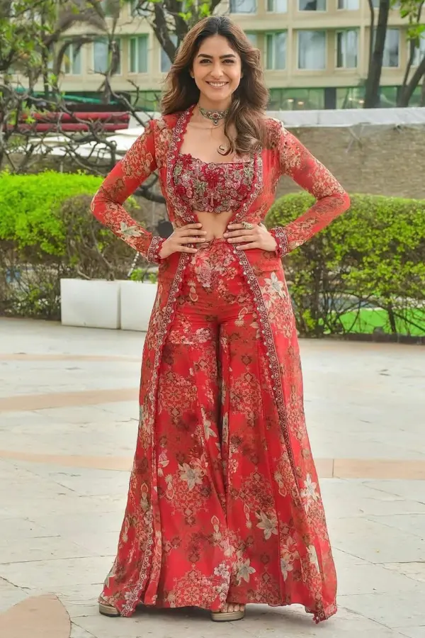 Designer red floral Western dress - side profile