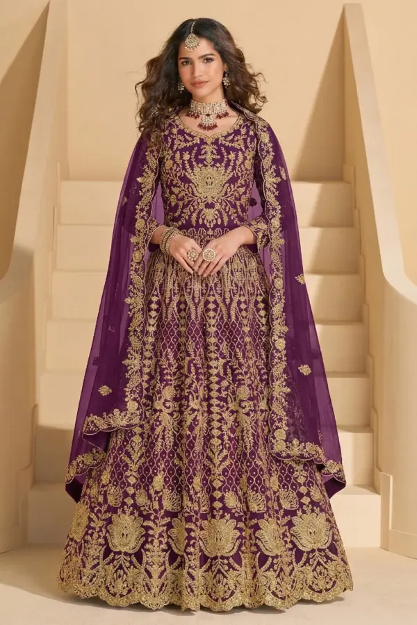 Front view of the Purple Silk Anarkali Dress showcasing heavy stone work on pure butterfly net bodice.