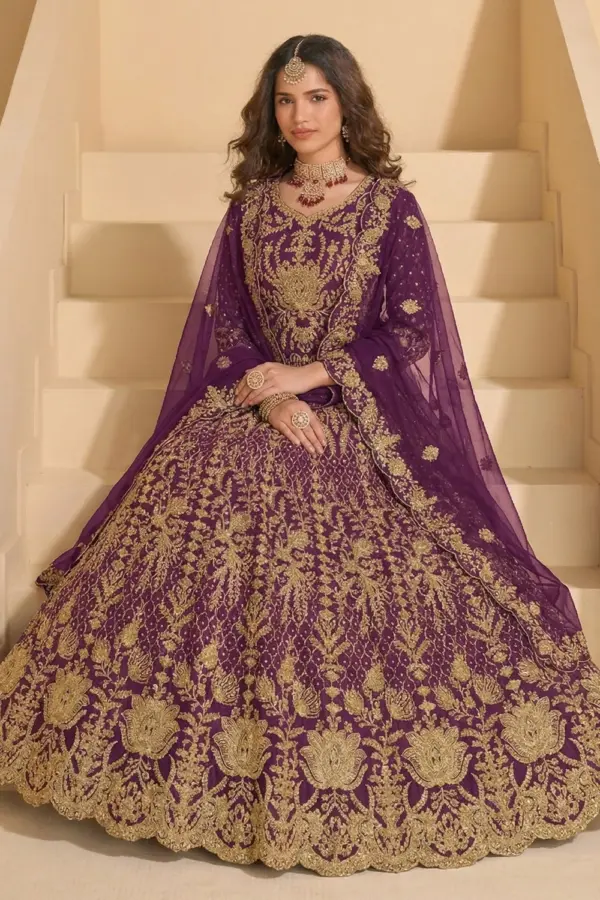 Close-up of intricate coding and embellishments on the Designer Purple Anarkali neckline and yoke.