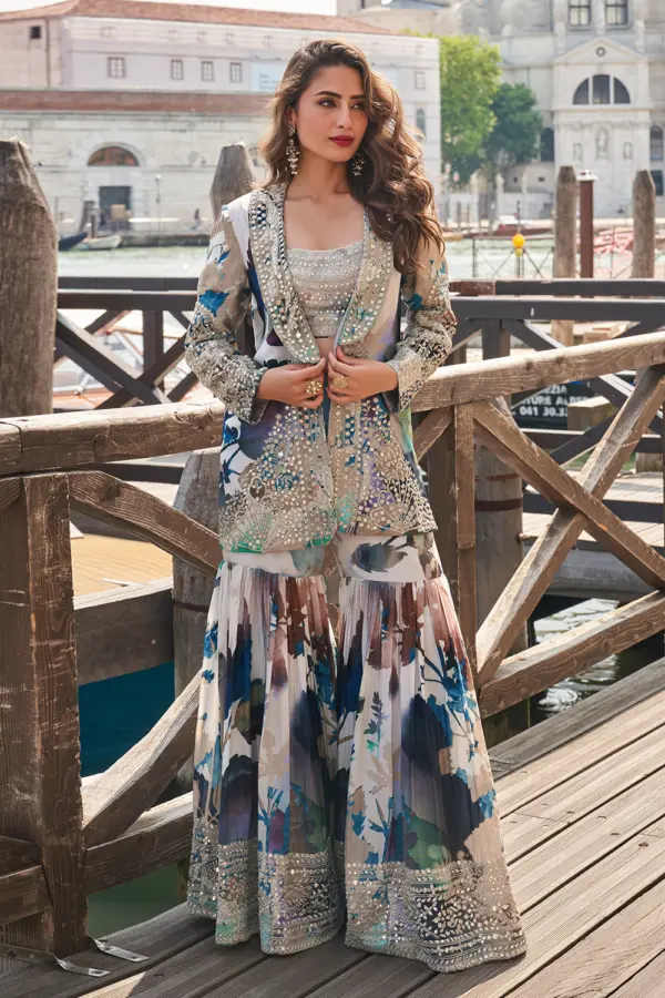 Blue & Grey Sharara Set front view with hand mirror work jacket