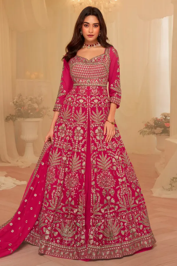 Front view of Pink Anarkali suit with heavy embroidery on georgette