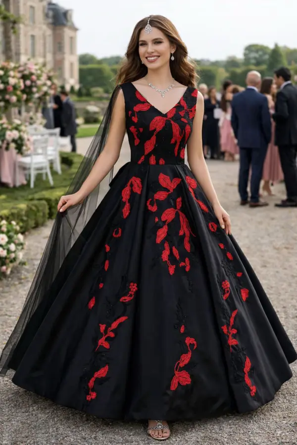 Elegant black floral anarkali gown with full heavy Jimmy-Chu embroidery – front view