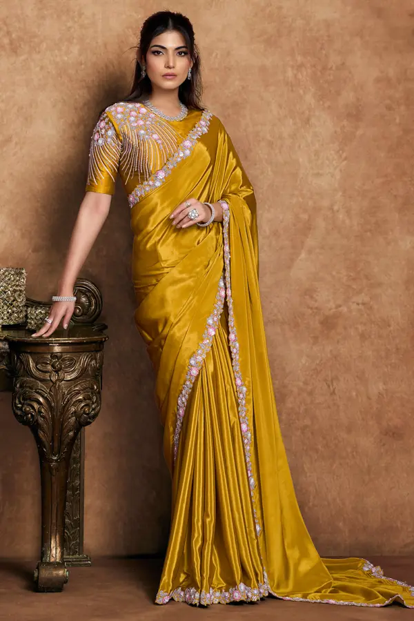 Front view of Golden Mustard Satin Silk Saree with sequin work