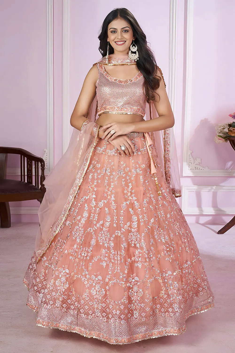 Dusty Pink Soft Net Lehenga Set | Sequins & Zari Embroidered Bridal Lehenga Choli