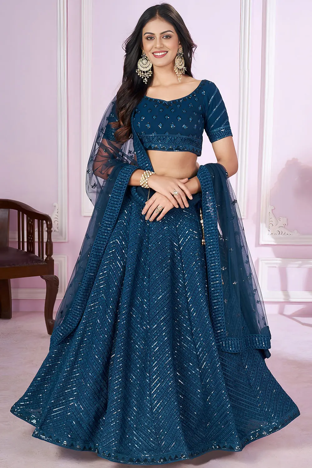 Prussian Blue Georgette Lehenga Set | Sequins & Zari Thread Work with Soft Net Dupatta