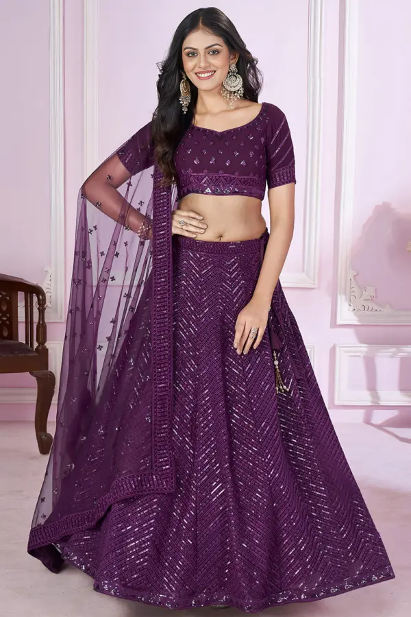 Purple Lehengas set front display with georgette fabric and heavy zari border work