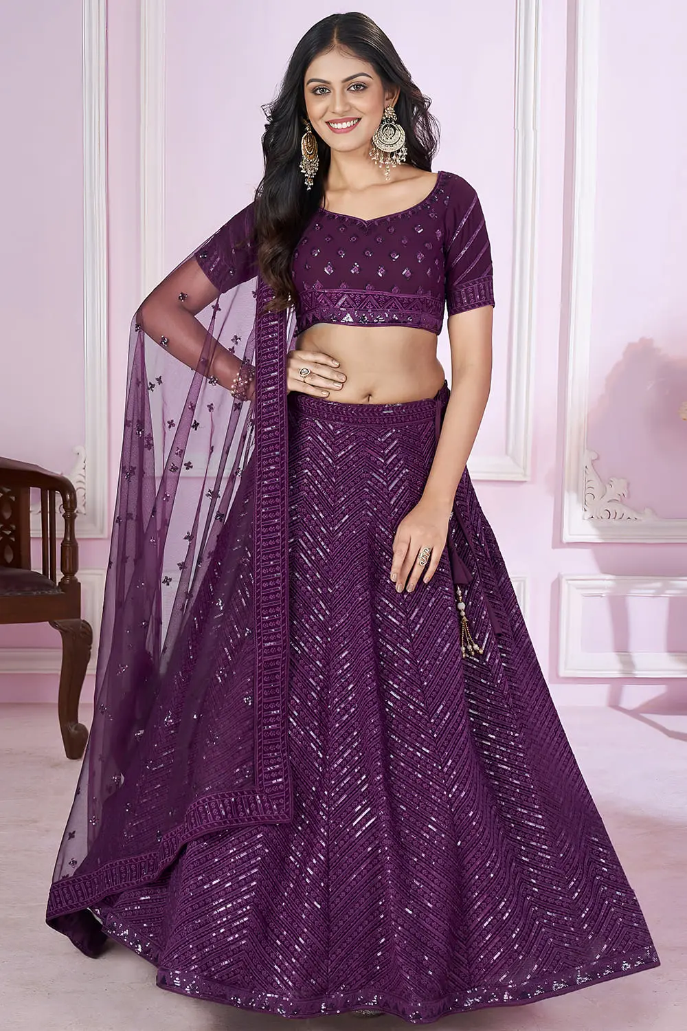 Purple Georgette Lehenga Set | Sequins Thread Zari Work with Soft Net Dupatta – Wedding & Party Wear