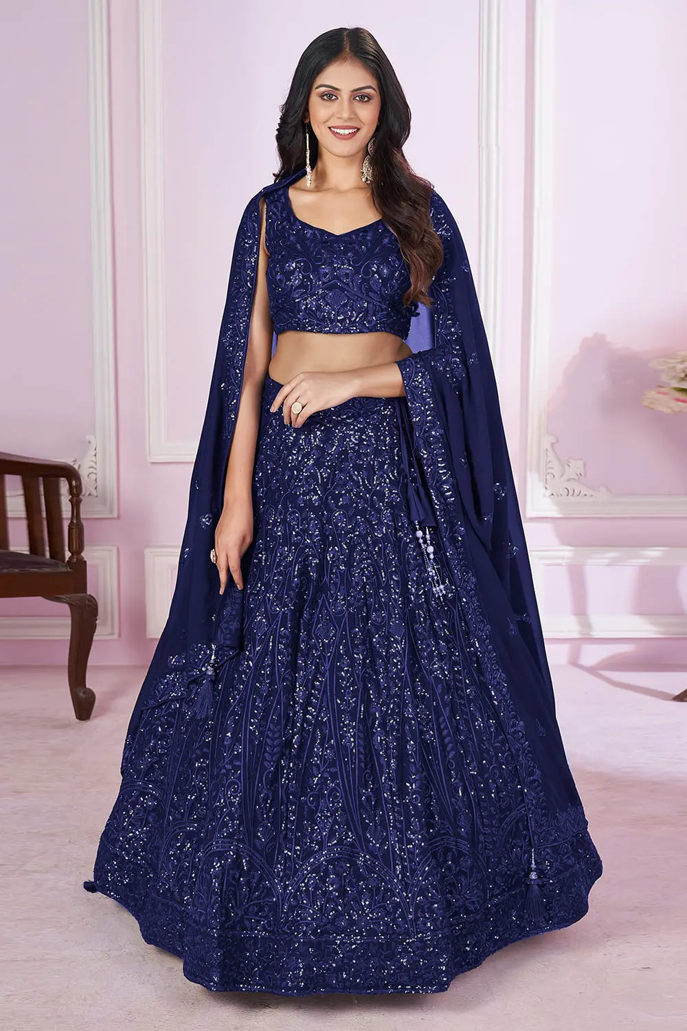 Navy Blue Georgette Lehenga Dress | Sequins Thread Zari Work with Soft Net Dupatta – Wedding & Party Wear