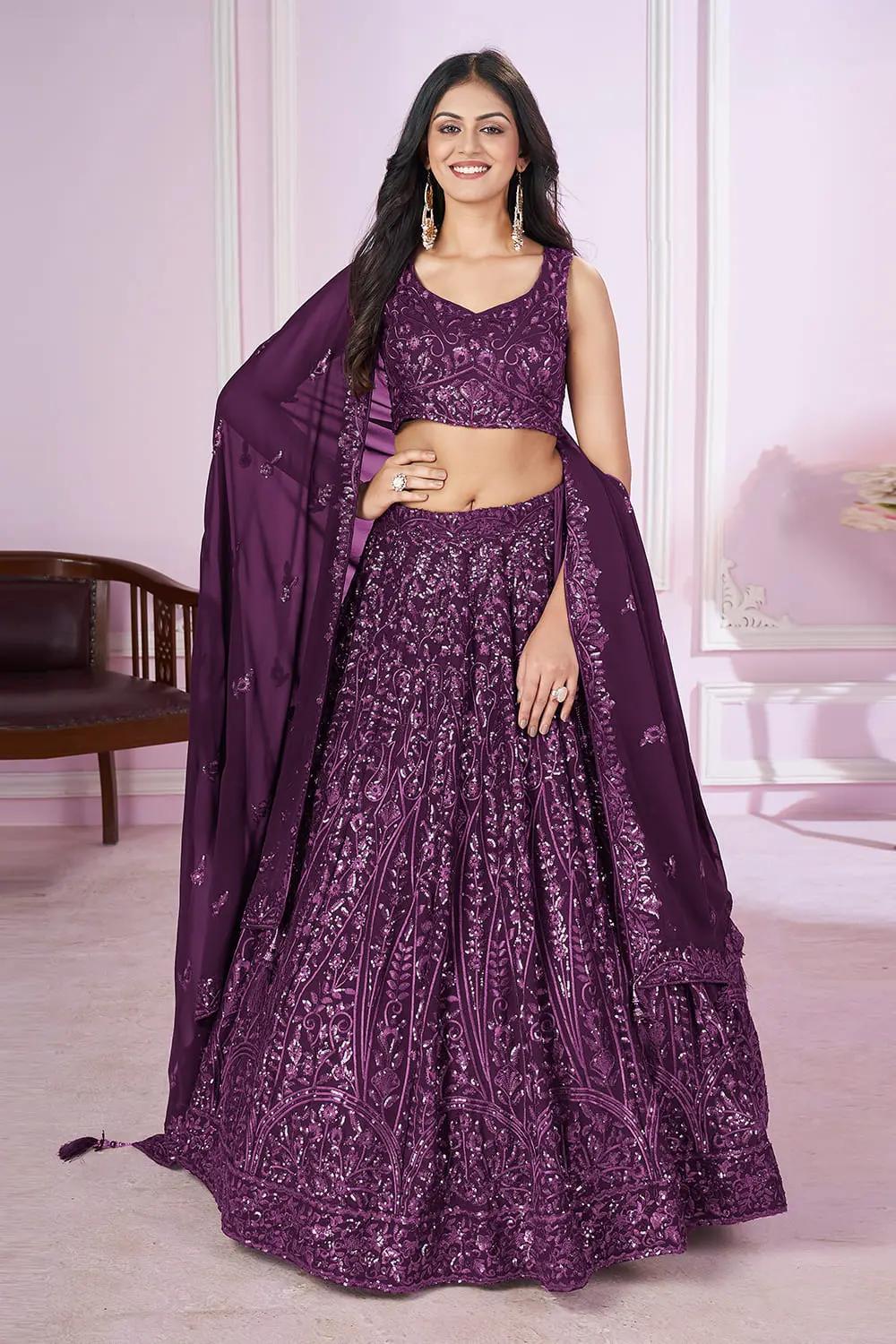 Purple Georgette Lehenga Dress | Sequins Thread Zari Work – Full Georgette Set (Dupatta Included)