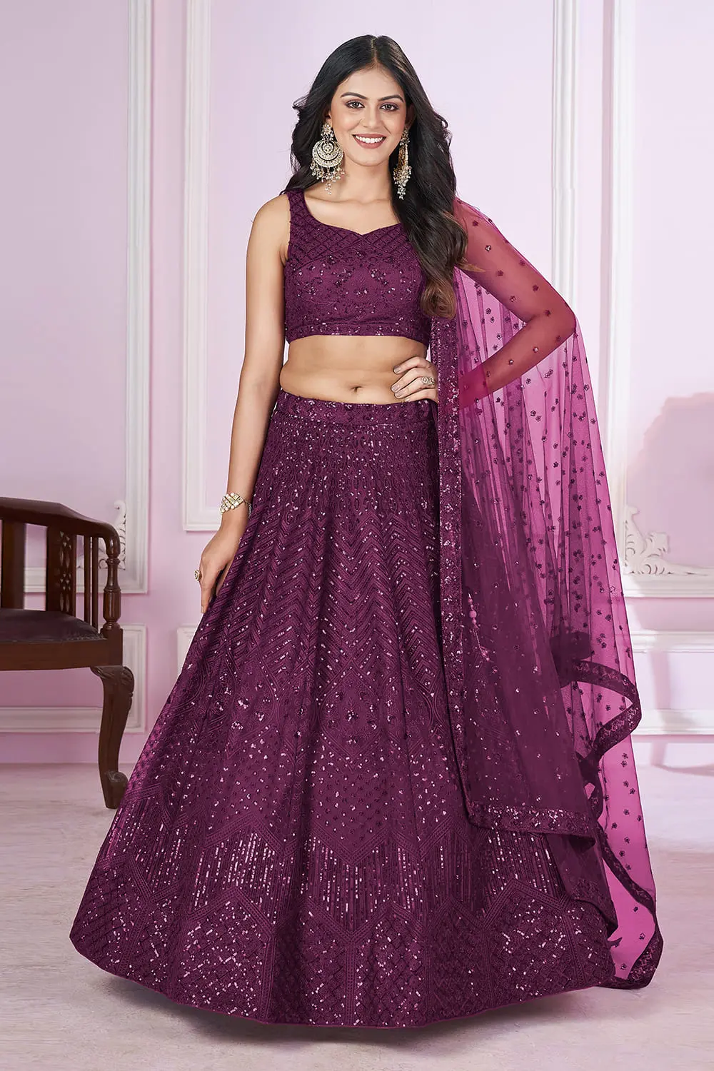 Purple lehenga for wedding front view with all-soft-net fabric and heavy zari border work