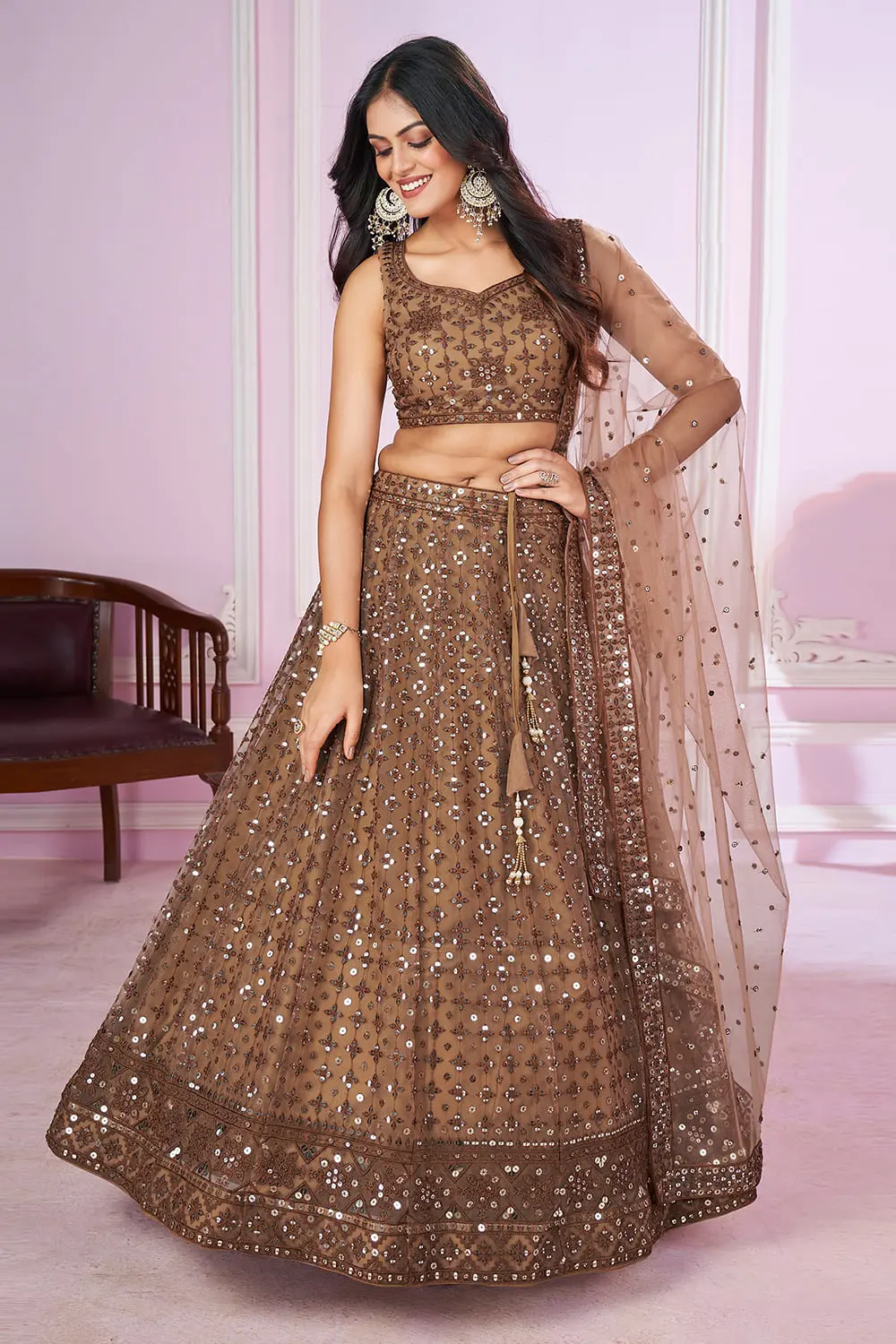 Brown Soft Net Lehenga Set | Sequins Thread Zari Work – Wedding & Party Wear Lehenga Dress with Dupatta