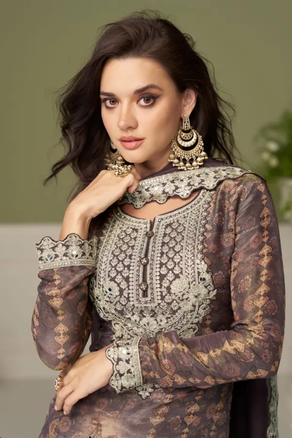 Digital print detail on coffee brown kurta set