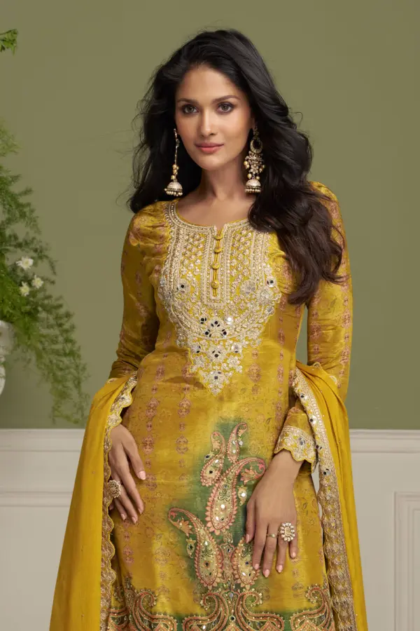 Close-up of digital print on mustard yellow kurta set
