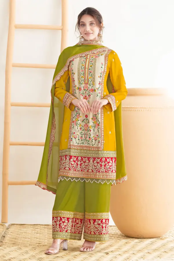 Green mirror work kurta set with palazzo in chinon by Khaish