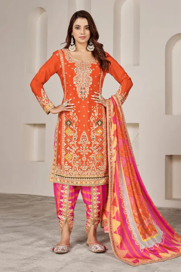 Orange dhoti tulip pant kurta set with chinon kurta and printed dupatta by Khaish