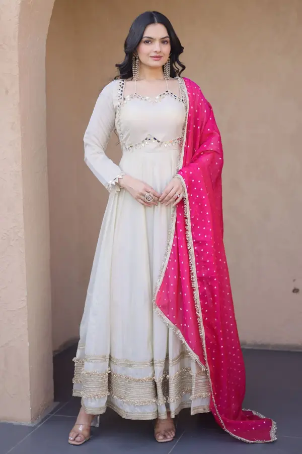 Anarkali suit party wear in ivory with pink dupatta by Khaish