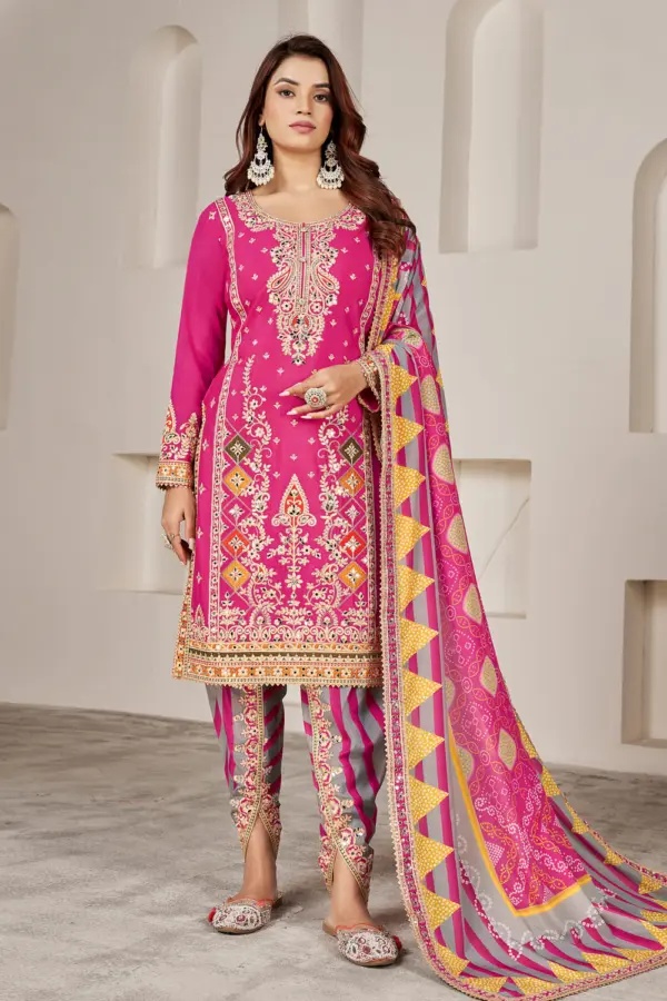 Pink dhoti tulip pant kurta set with chinon kurta and printed dupatta by Khaish