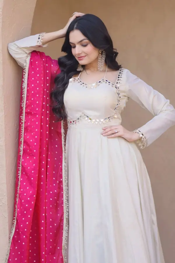Kali pattern flair of ivory anarkali suit with mirror embellishment