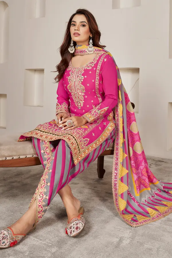 Close up of dhoti tulip pant drape with handwork lace in pink chinon