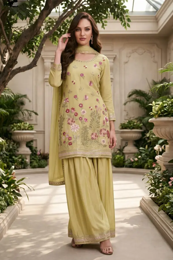 Light green kurta palazzo set for party in premium chinon with embroidery by Khaish