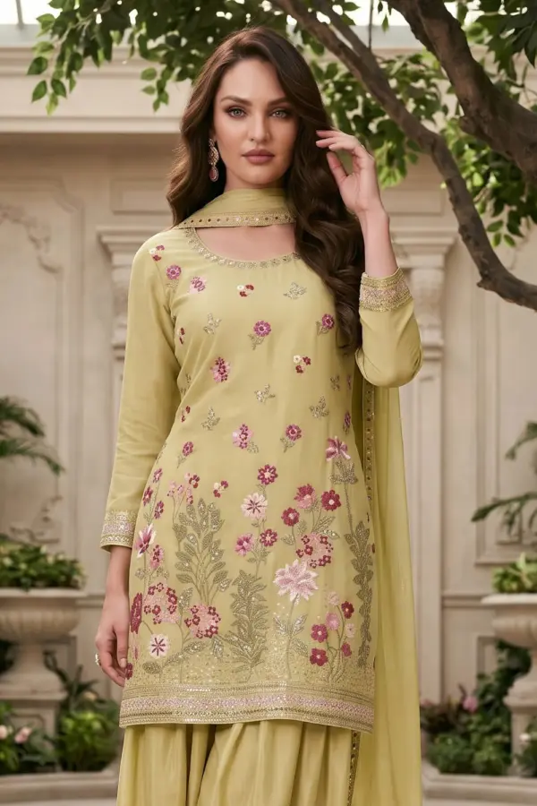 Close up of premium embroidery on light green chinon kurta palazzo set