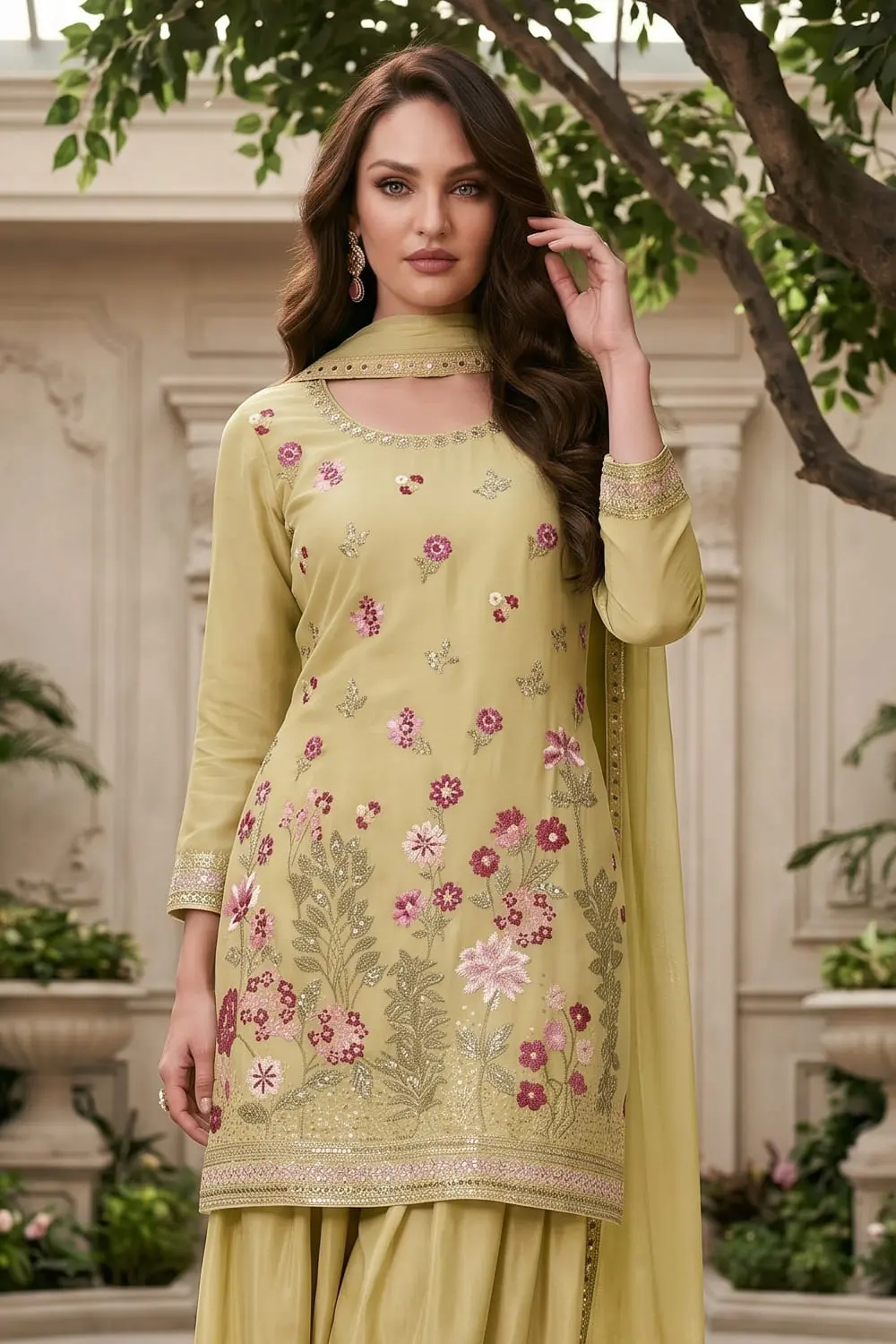 Close up of premium embroidery on light green chinon kurta palazzo set