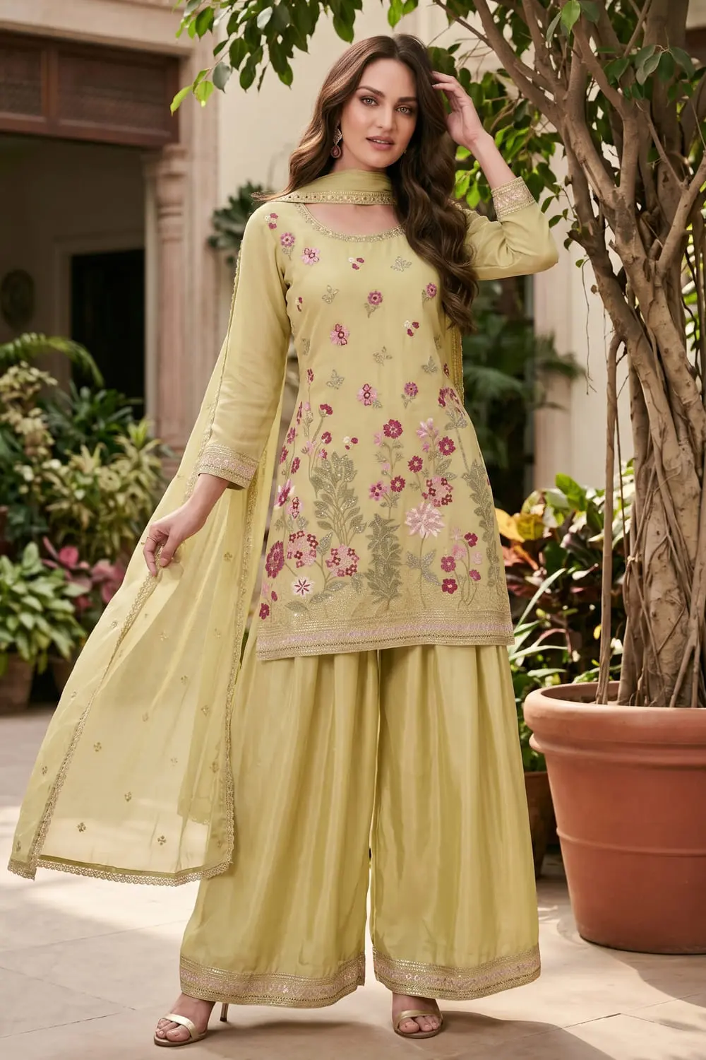 Light green chinon kurta palazzo set with bordered dupatta full view