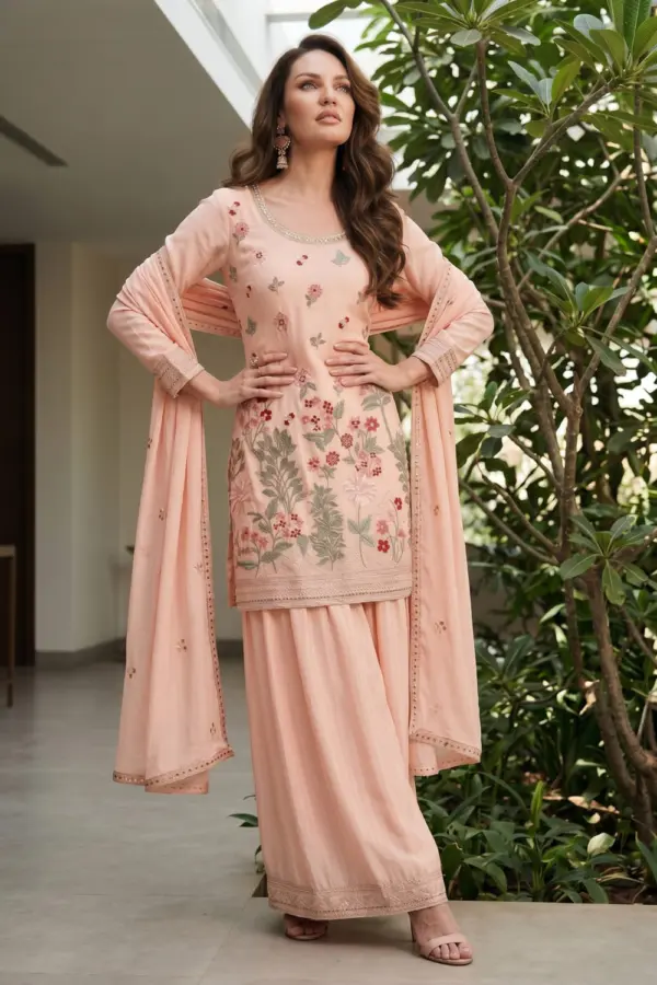 Light pink kurta palazzo set for women in premium chinon with embroidery by Khaish