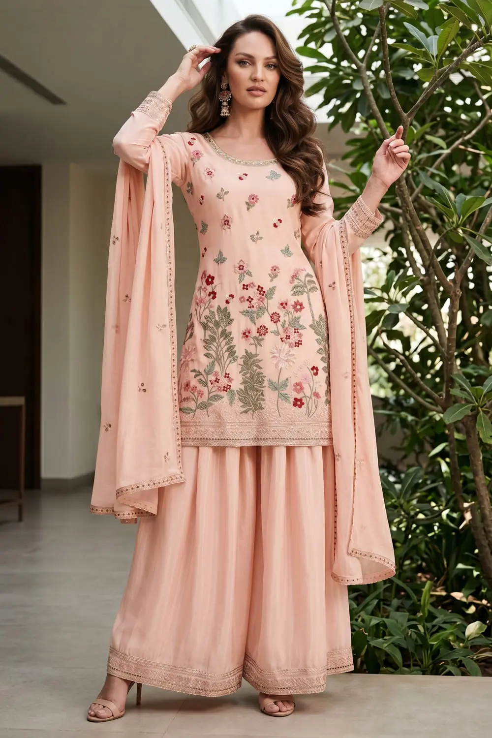 Light pink chinon kurta palazzo set with bordered dupatta full view