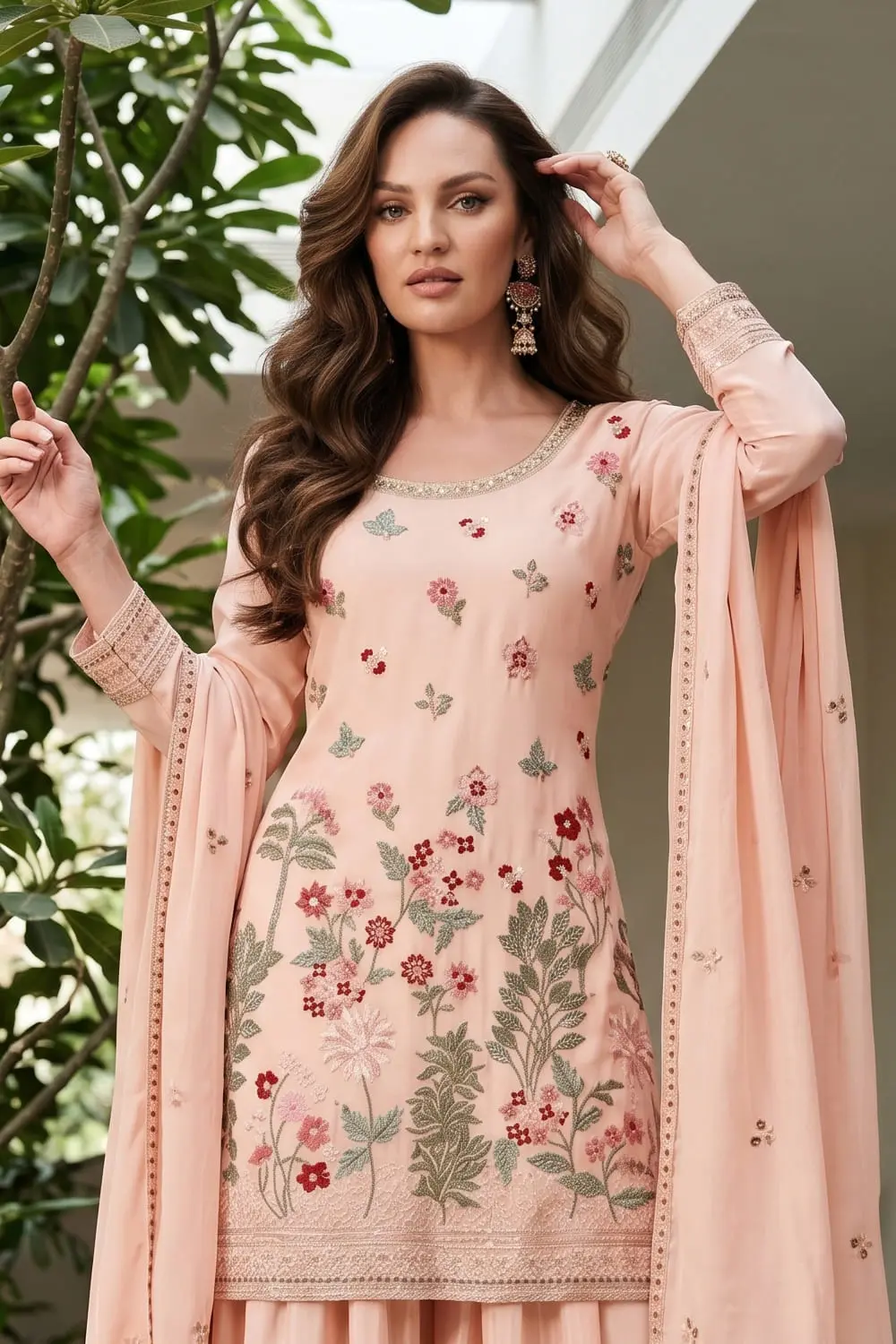 Close up of premium embroidery on light pink chinon kurta palazzo set