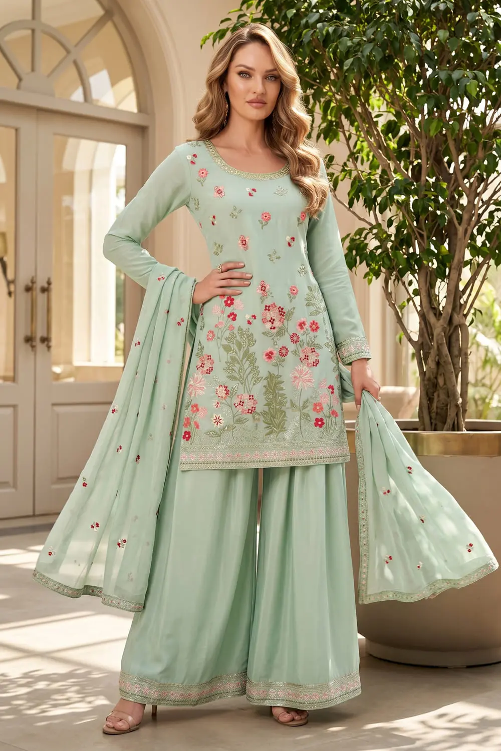 Sea green kurta palazzo set online in premium chinon with embroidery by Khaish