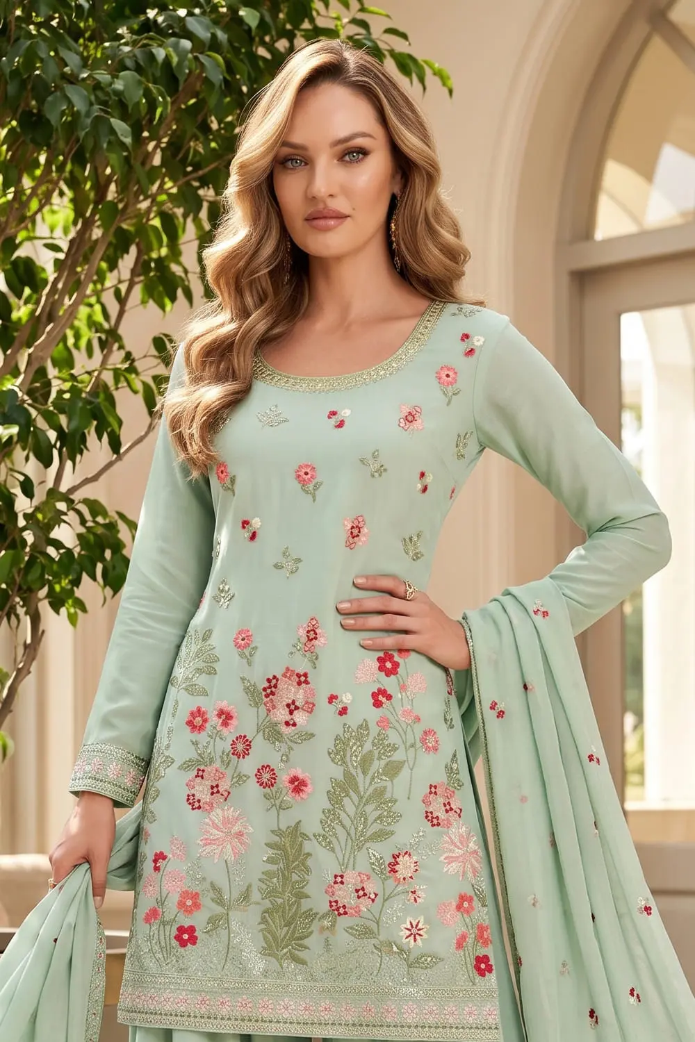 Close up of premium embroidery on sea green chinon kurta palazzo set