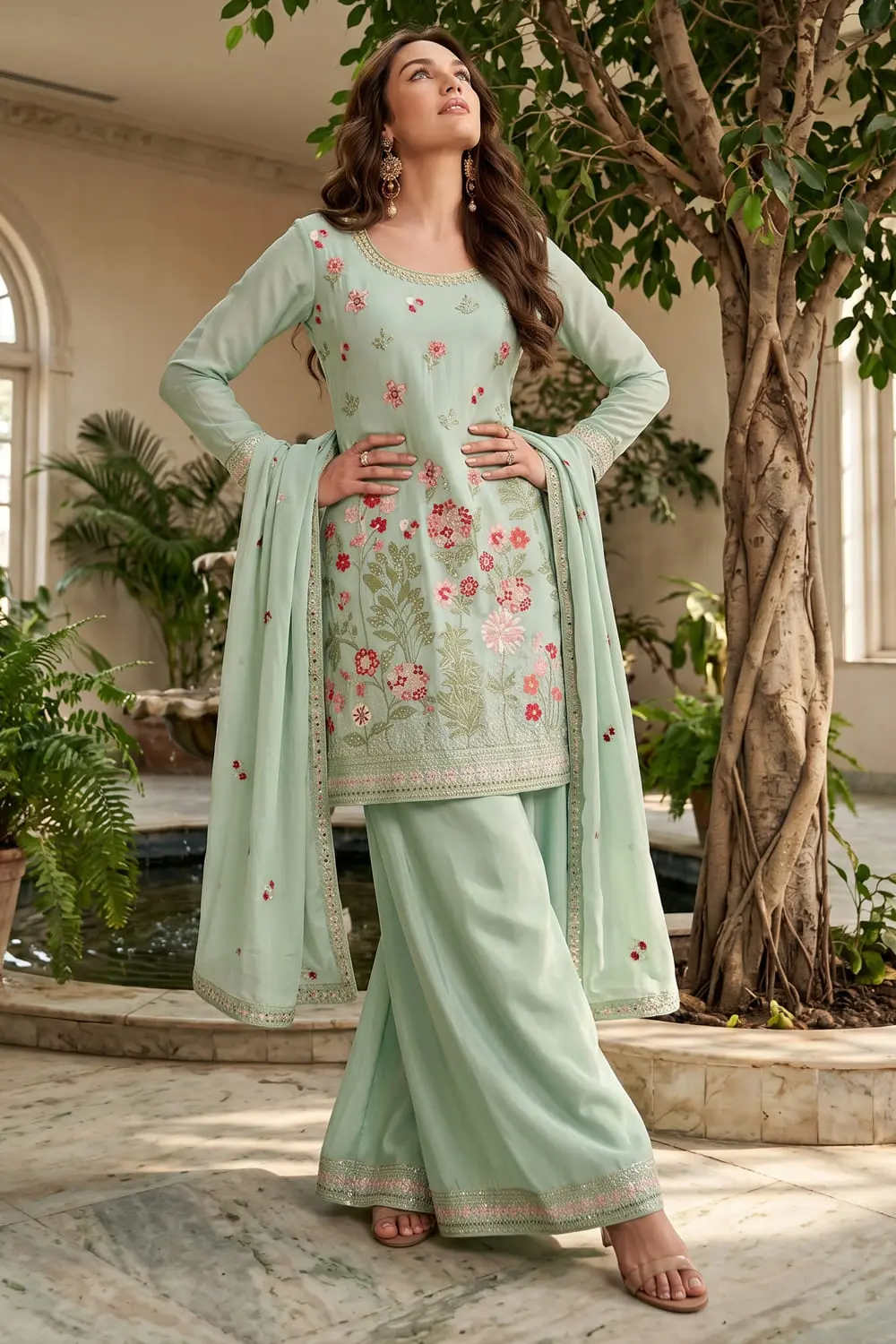 Sea green chinon kurta palazzo set with bordered dupatta full view