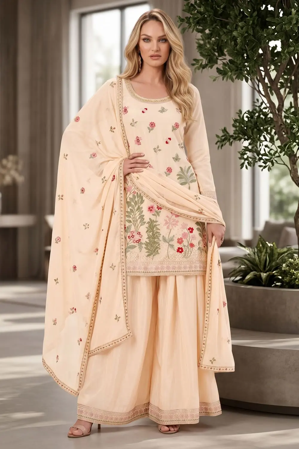 Peach kurta palazzo set for wedding in premium chinon with embroidery by Khaish
