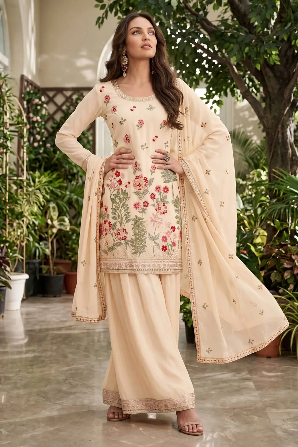 Peach chinon kurta palazzo set with bordered dupatta full view
