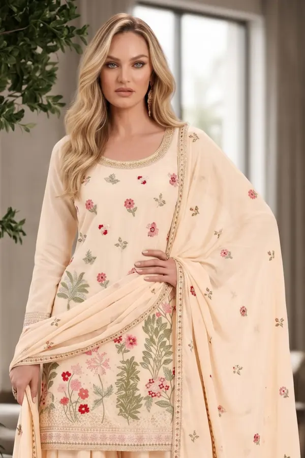 Close up of premium embroidery on peach chinon kurta palazzo set